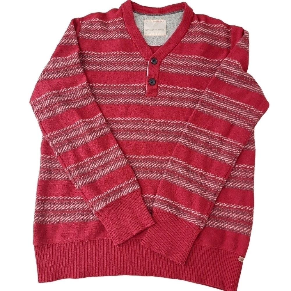 Banana Republic Button V Neck Knit Sweater Red Grey Striped Wool Blend Mens Sz L